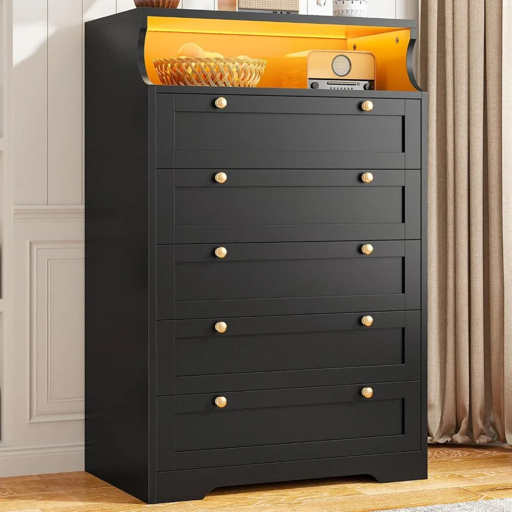 Dresser with LED, Bedroom Dressers & Chests of Drawers, Tall Dresser Wood Drawers, Black Dresser for Bedroom