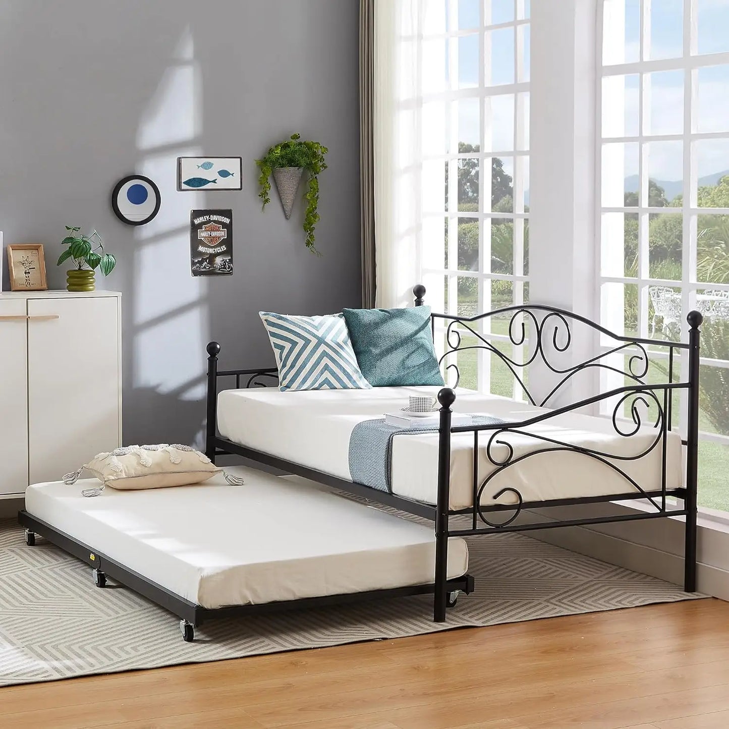 Daybed Metal Bed Frame Twin Size Steel Slat Support/Strong Legs Headboard/Mattress Foundation, Multi-Functional Furniture