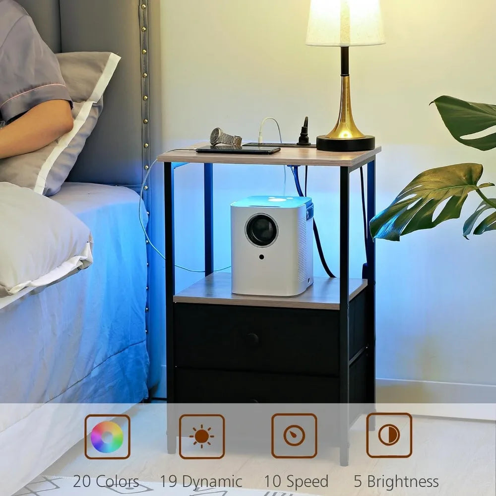 Juego de 2 mesitas de noche, mesita de noche LED con estación de carga, mesas auxiliares modernas para sala de estar con 2 cajones de tela