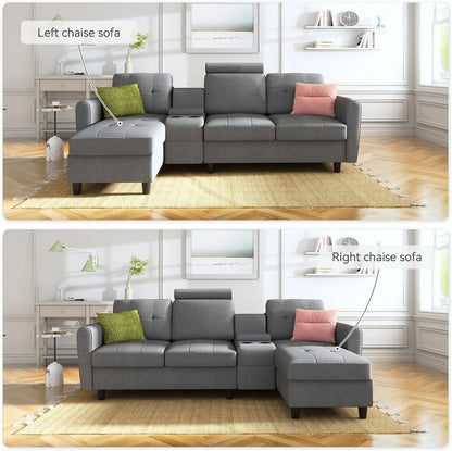 Sofá seccional convertible en forma de L con portavasos, sofá seccional moderno de 4 plazas con chaise reversible, color gris