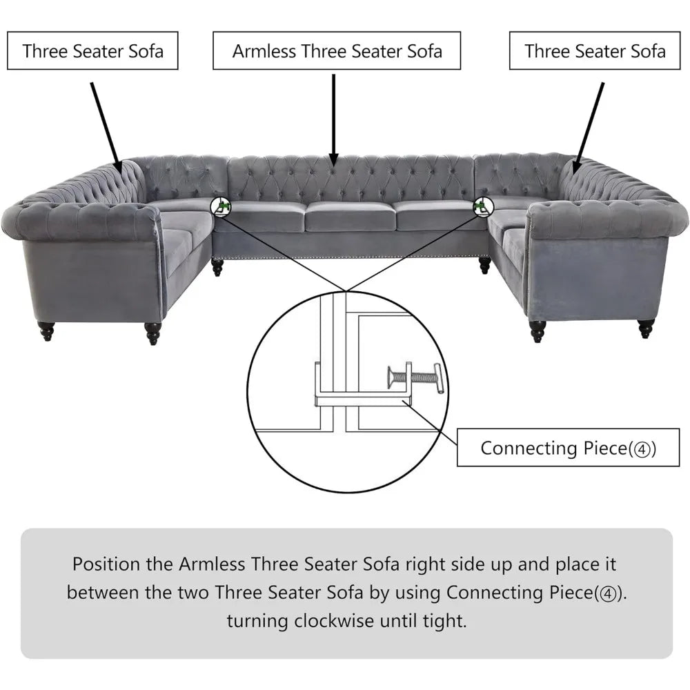 L-Shaped Sofa, Sectional Chesterfield Couch 5-Seater Velvet Upholstered Tufted Sofa with Rolled Armrest for Living Room