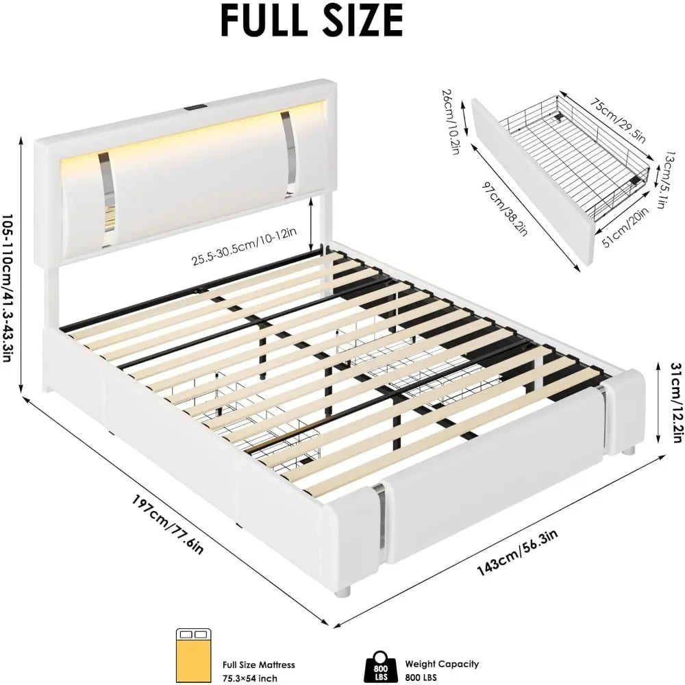 Marco de cama de tamaño completo, cabecero con luces LED RGB y 2 cajones de almacenamiento, plataforma de cama inteligente tapizada moderna de cuero sintético