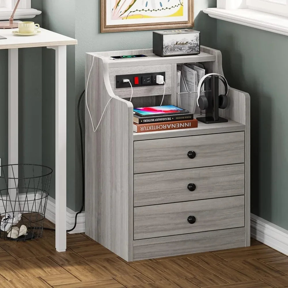 Night Stand Set 2, Nightstand with Charging Station & Hutch,Night Stands for Bedrooms Set of 2, Bedside Table with Drawers