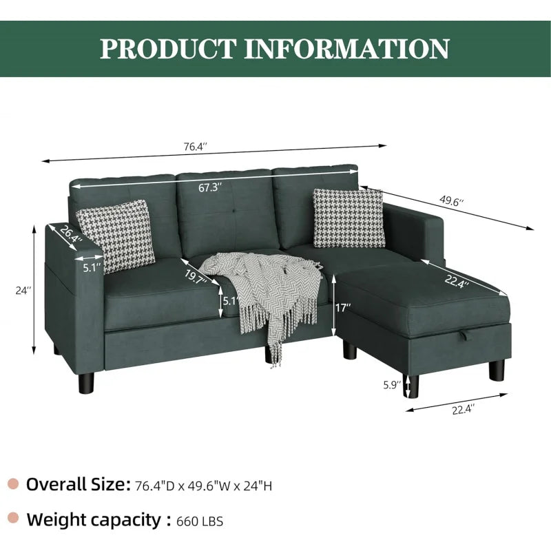 Convertible Sectional Sofas Couches for Living Room,L Shaped Couch with Storage Ottoman,Small Sectional 3 Seater Sofa Small