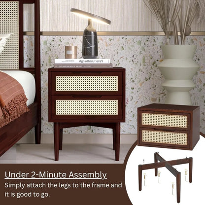 Bed Table 2-Drawer Bedside Tables Oliver Solid Wood Rattan Nightstand/Side End Table Fully Assembled Furniture Sofa Bedroom Home