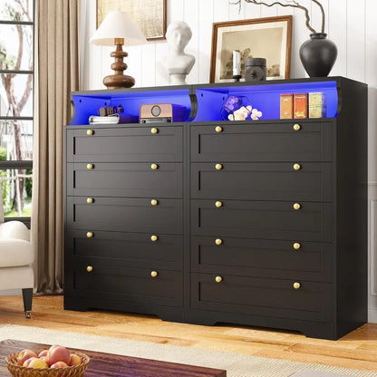 Dresser with LED, Bedroom Dressers & Chests of Drawers, Tall Dresser Wood Drawers, Black Dresser for Bedroom