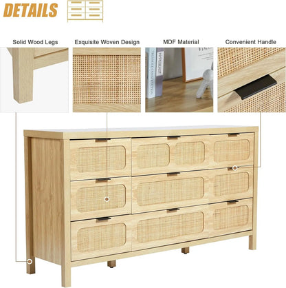 4/6/9 Drawer Dresser, Modern Rattan Dresser Chest with Large Storage and Metal Handles, Rustic Wood Storage Chest of Drawers