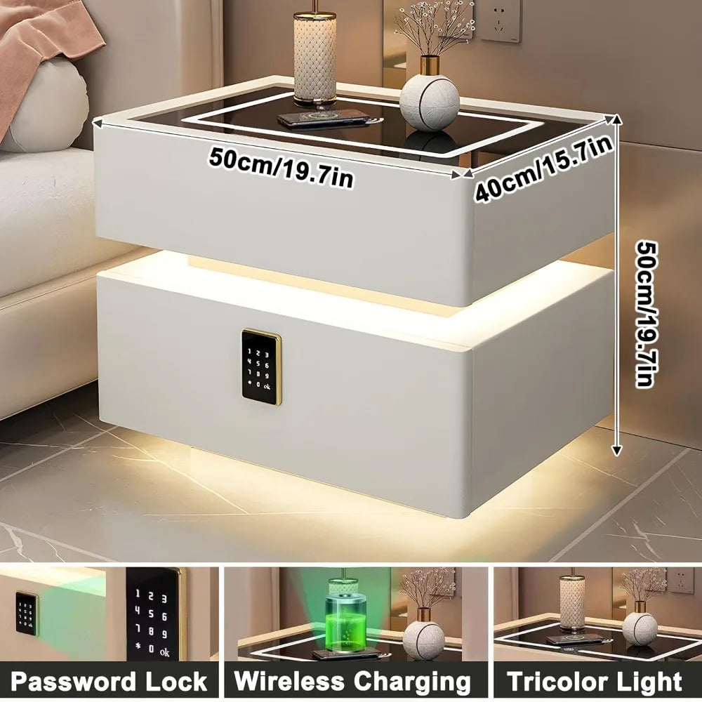 LED Nightstand with 2 Drawers, Wireless Charging Port, Password Lock, 3 Color Lights, Modern Simple Smart LED Nightstand