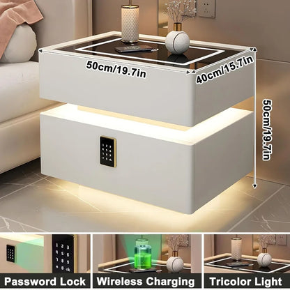 LED Nightstand with 2 Drawers, Wireless Charging Port, Password Lock, 3 Color Lights, Modern Simple Smart LED Nightstand