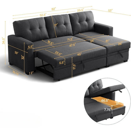 82" L-Shape Sofa Reversible Sleeper, Pull Out Bed, Storage Chaise and Arms, Corner Couch for Living Room, Linen Sectional Sofa