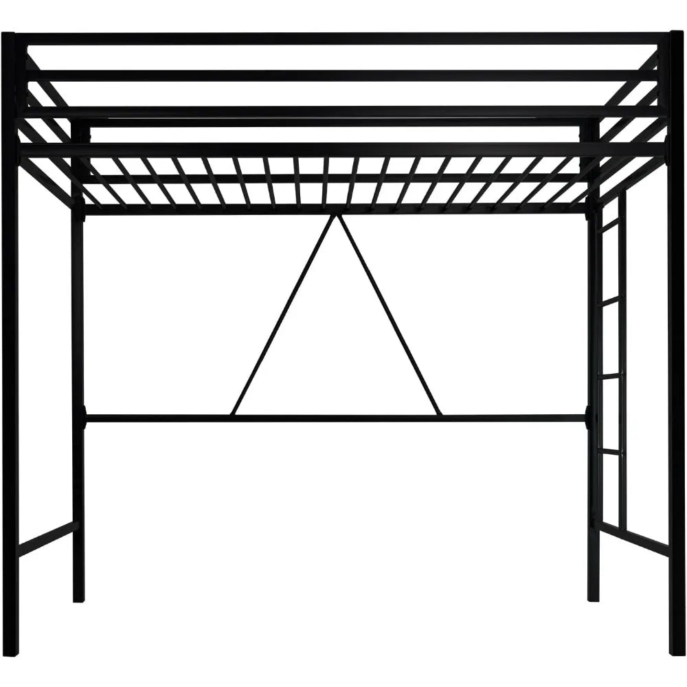 Estructura de cama alta para jóvenes y adultos, cama alta de metal de tamaño doble con barandilla de seguridad y escalera extraíble, ahorra espacio, sin ruido