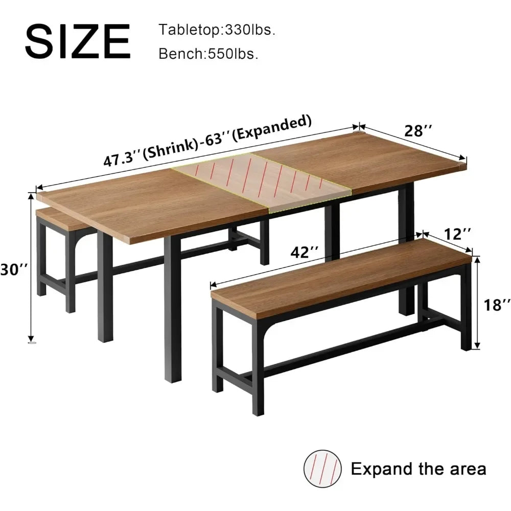 Ensemble de table à manger de 63 po pour 4 à 6 personnes, table de salle à manger extensible avec 2 bancs, table de cuisine 3 pièces pour petit espace, facile à nettoyer, noyer