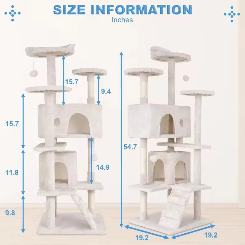 Cat Tree 54in Multi-Level Durable Cat Scratching Post & Cozy Fun Jumping Platform Space Saving Condo Pet Play House for Indoor