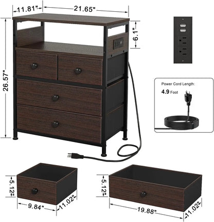 Nightstand with Charging Station, Bedside Table with 4 Drawers and 2-Tier Shelf, Modern End Table with Wooden Top for Be