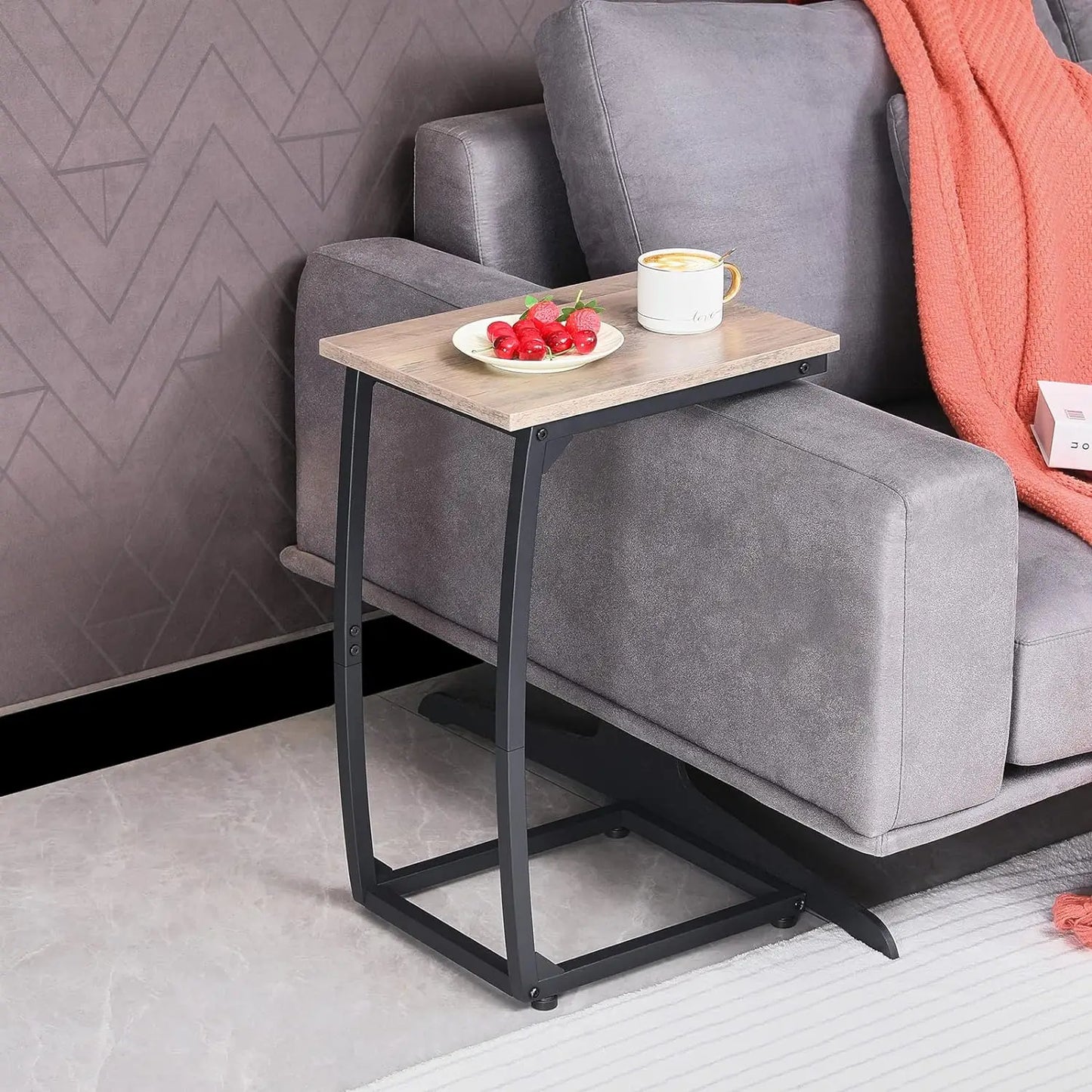 C Shaped End Table Side Table of 2, Small Sofa Table with Metal Frame for Living Room Bedroom Small Spaces (Grey)