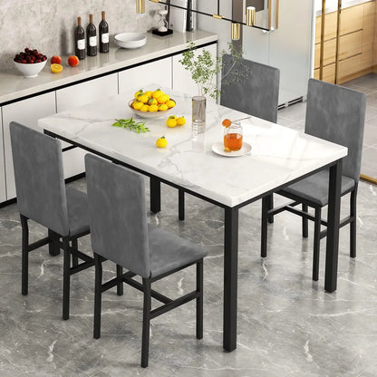 Dining Table Set for 4, 5-Piece Marble DiningTableSet with 4 Velvet Metal Frame Chairs for Kitchen, Bar, Living Room,Breakfast