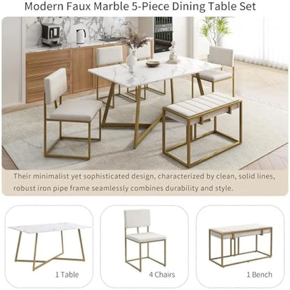 6-Piece Dining Table Set, Metal Kitchen Table Set with 4 Dining Chairs and Bench, Modern Faux Marble Dining Room Set