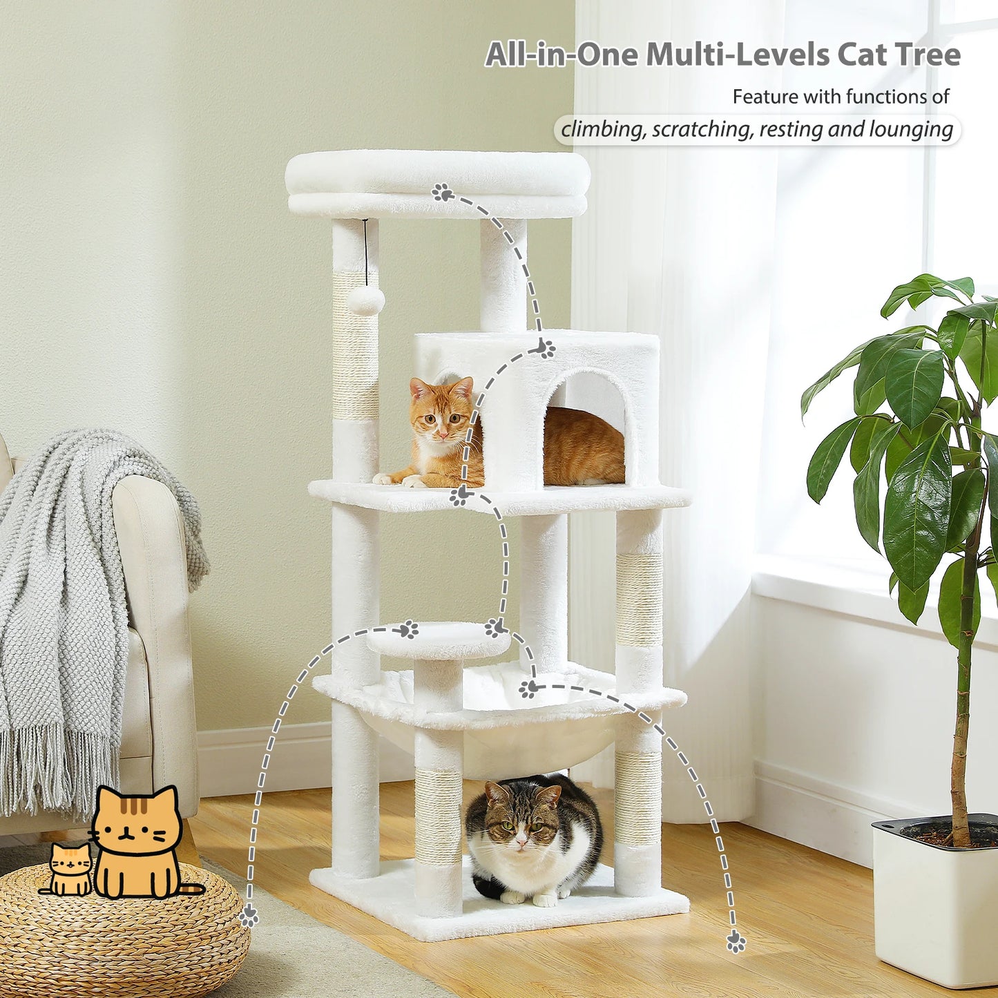 Arbre à chat à plusieurs niveaux avec hamac, condo pour chat, tour pour chat pour grattoir d'intérieur, poteaux à gratter pour chats, maison pour chaton, lit, jouets pour chats