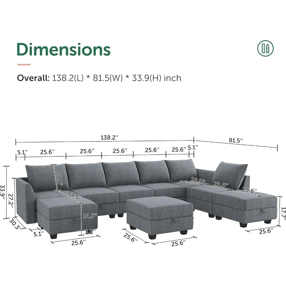 Modular Sofa with Wide Chaise Reversible U Shaped Sectional Couch with Storage Seats for Living Room Sofa