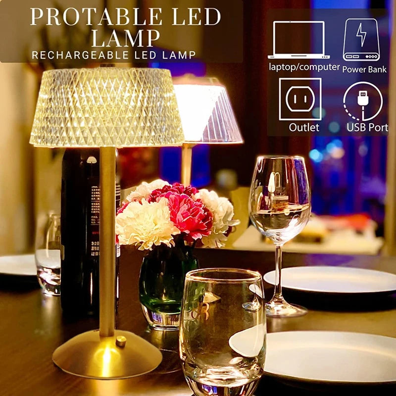 Lámparas de mesa de cristal con forma de diamante, estilo retro, LED, para escritorio, barra, recargable vía USB, luz nocturna con protección para los ojos, para dormitorio, hotel, oficina, boda