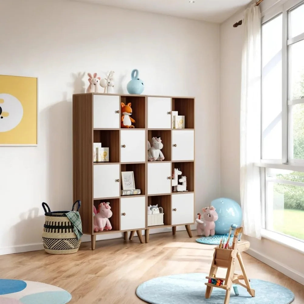 Brown and White 8 Cube Organizer Set of 2, Wooden 16 Cubby Display Bookcase, 4-Tier bookshelf with Doors, Storage Cabinet