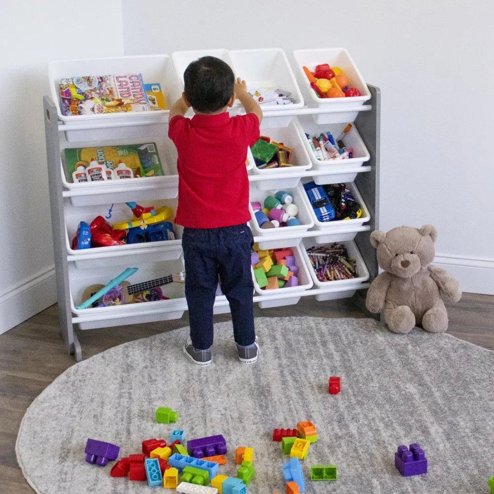 Organizador de juguetes de madera natural para niños con 16 contenedores de plástico blanco, cajas organizadoras de plástico para dormitorio, envío gratuito