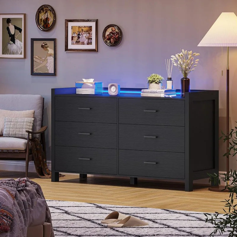 Commode pour chambre à coucher, commode double à 6 tiroirs avec lumières LED, commode en bois, commode de rangement moderne pour chambre à coucher, noire