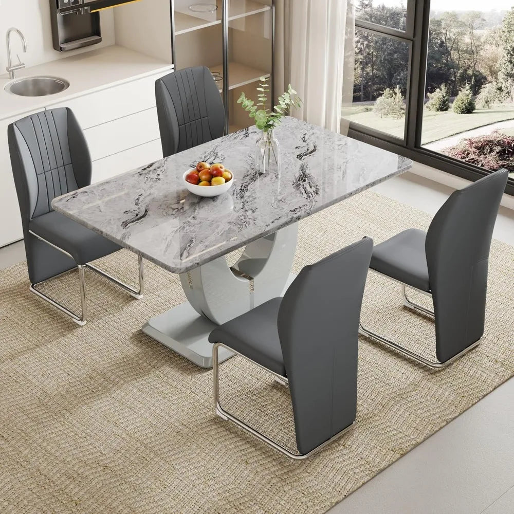 Modern Dining Set Table and  Chairs,Dining Room Table Set and 4 PU Leather Upholstered Dining Chairs,63'' Large Dinner Table Set