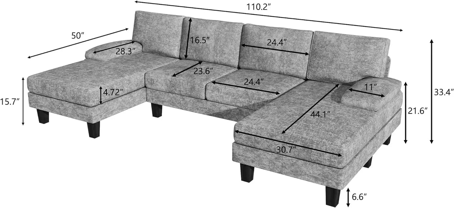 Convertible Sectional U-Shaped Couch with Soft Modern Cotton Chenille Fabric for Living Room, 4 Seats Oversized Sofas