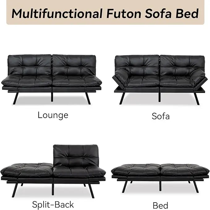 Sofá cama convertible tipo futón para sala de estar, moderno sofá cama tapizado en cuero sintético con apoyabrazos extraíbles