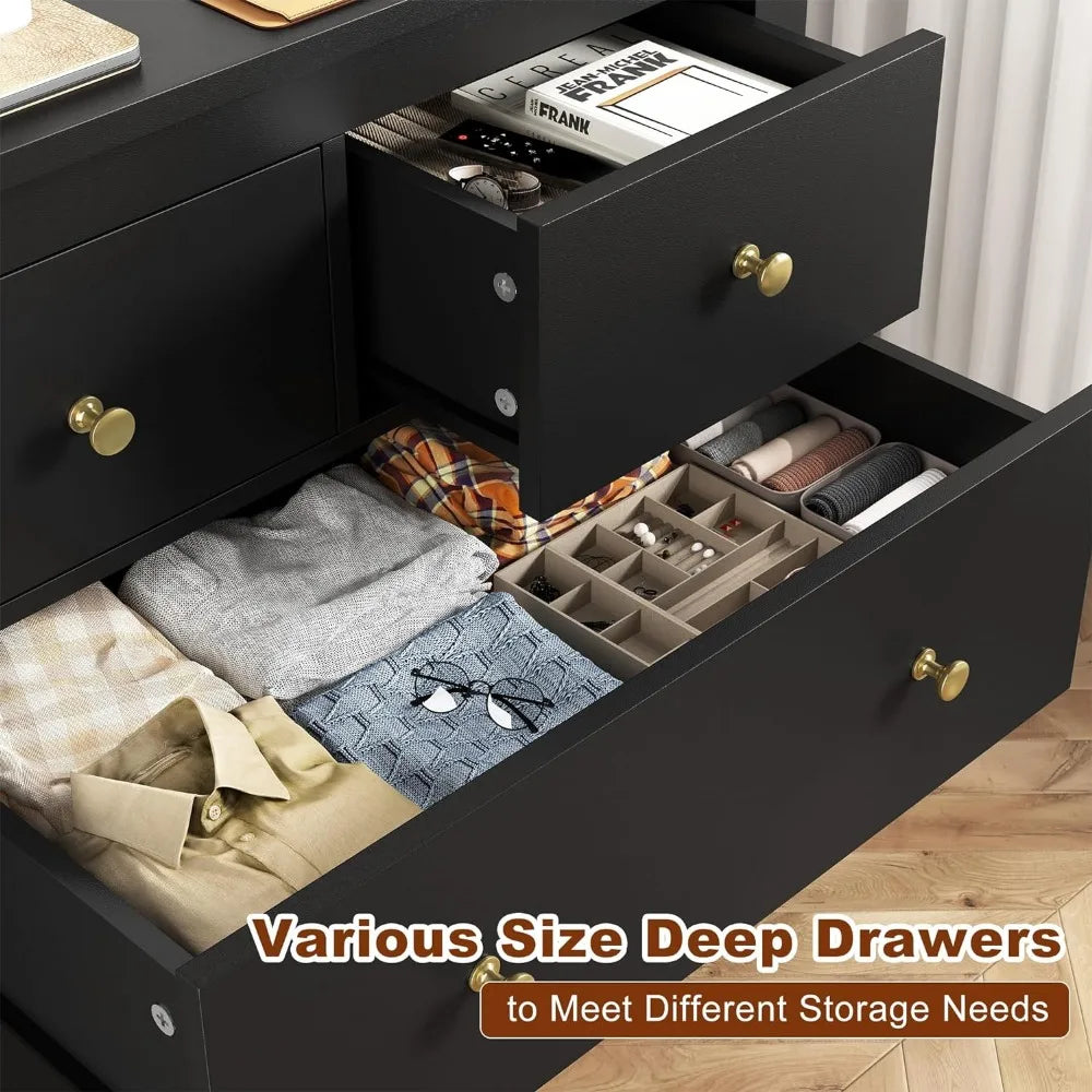 Dresser, Dresser for Bedroom with 10 Drawers Black Dresser with Smooth Metal Rail Wood Dressers 52.2W*15.8" D*35.8" H  dresser