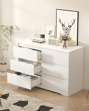 White Dresser with Deep Drawers, Modern 6 Drawer Dresser for Bedroom, Large Wooden Dresser for Bedroom, White Wooden Chest of