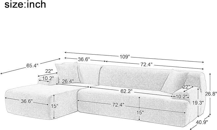 Sofá modular seccional en forma de L de chenilla, cómodo sofá Cloud de 3 plazas con otomana/chaise longue y 5 almohadas para sala de estar y dormitorio