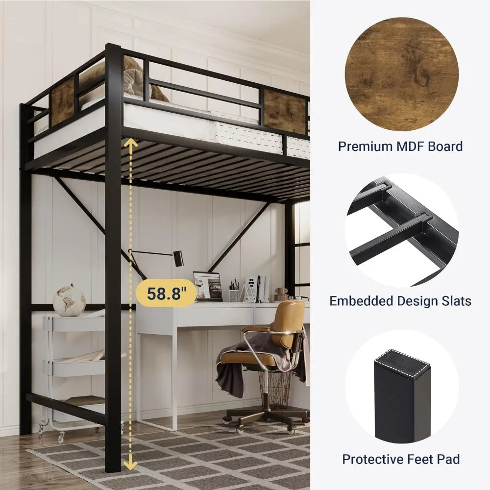 Metal Twin Size Loft Bed Frame with Stairs & Full-Length Guardrail, Space-Saving, No Box Spring Needed, Noise Free, Black