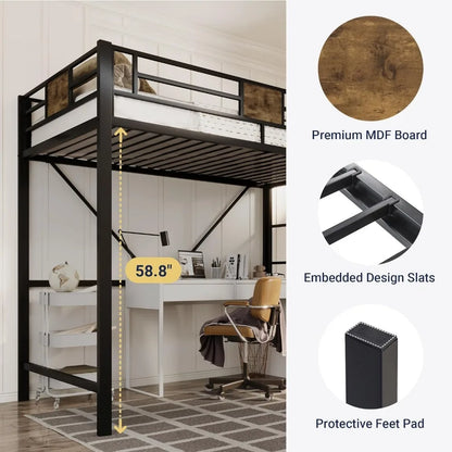 Metal Twin Size Loft Bed Frame with Stairs & Full-Length Guardrail, Space-Saving, No Box Spring Needed, Noise Free, Black