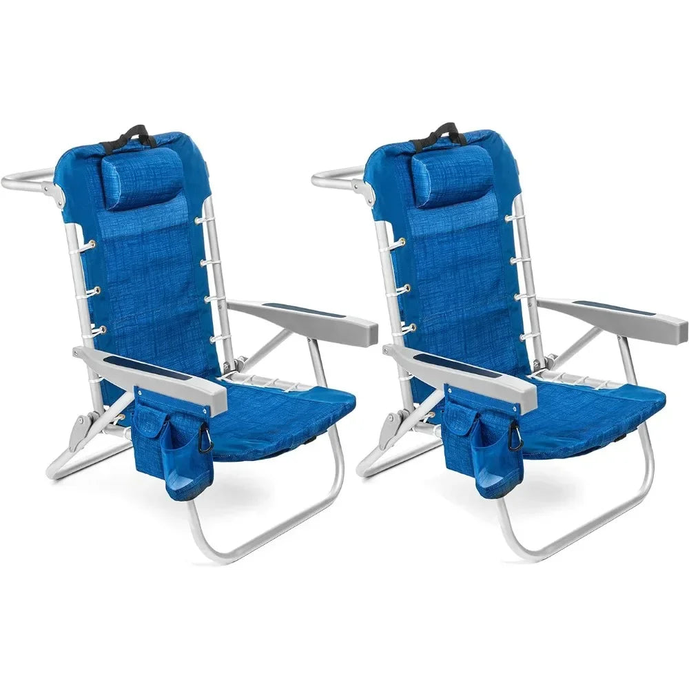 Ensemble de 2 chaises de plage, réglables sur 5 positions, porte-gobelet et support pour téléphone, fauteuil inclinable pliable pour patio.