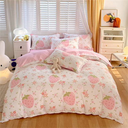 Lovely Strawberry Pink Bedding Set Soft Washed Cotton Bed Sheet INS Flower Duvet Cover Girls Comforter Cover Home For Child