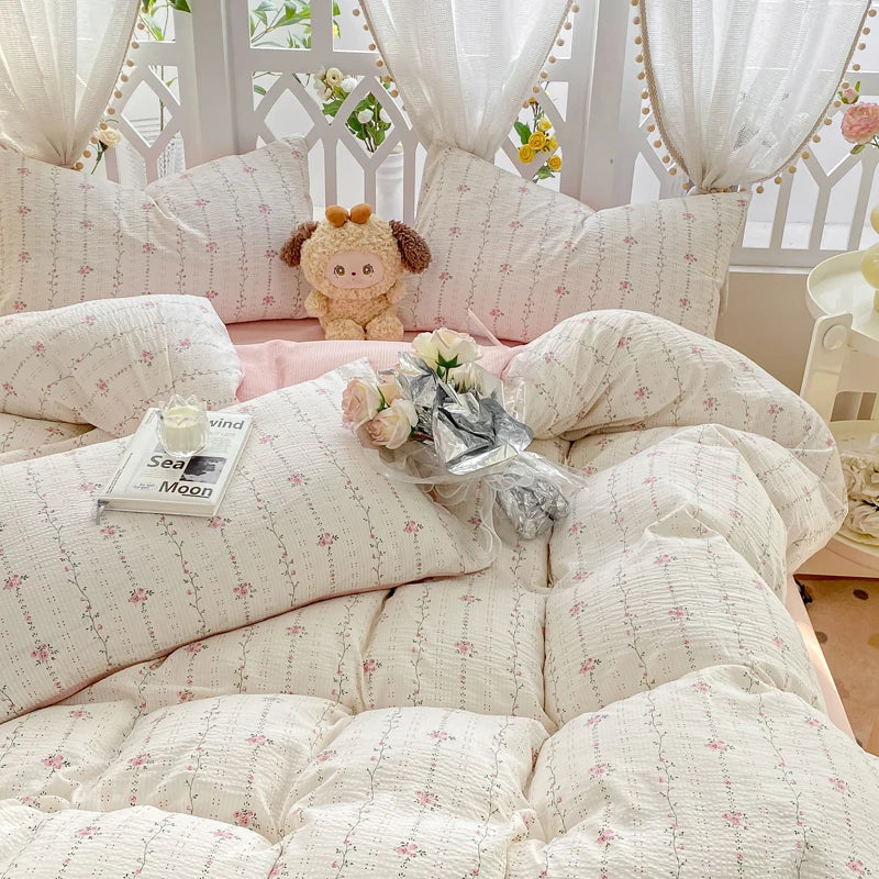 Juego de cama romántico con diseño floral, sábanas planas y fundas de almohada de color rosa, ropa de cama tamaño queen y twin, funda de edredón de princesa para niñas, sin relleno