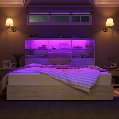 Cama tamaño king con plataforma de madera y cabecera con estante para libros con LED de 51,2", 4 cajones de almacenamiento y estación de carga, cabeceros