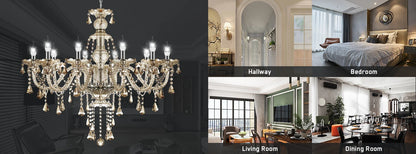 Elegant Glass Crystal Chandelier Ceiling Pendant Lighting Decor 10-Light Golden Hanging Lamp For Living Room Bedroom Room Lobby