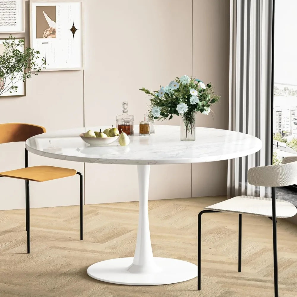 White Marble Round Dining Table, 42.1" Tulip Table Kitchen Dining Table 4-6 People with MDF Table Top & Pedestal Base