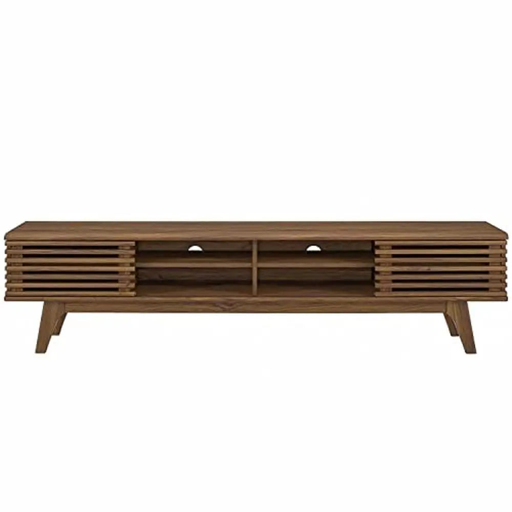 Meuble TV Mid-Century en noyer de 70 po avec portes coulissantes et centre de divertissement Console à profil bas de style rétro Unité murale au design emblématique en bois