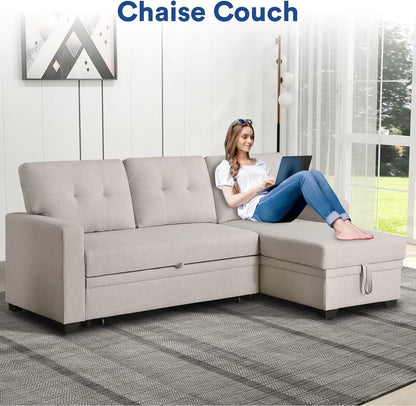 L Shaped Chaise Couch with Storage and Pull Out Bed Multifunctional Comfy Sectional Sleeper Sofa,Home Furniture