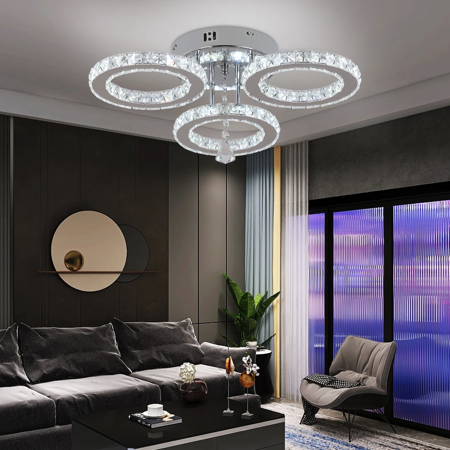 Modern Lustres K9 Crystal Chandelier Ceiling Lamps 3 Rings Stainless Steel Hanging Light Fixture Led Pendant Lamp Home Appliance