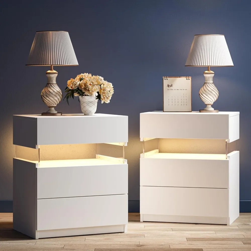 White Nightstands Set of 2 LED Nightstand White with Drawers Set of 2 Bedside Tables White LED Lights for Bedroom Living Room