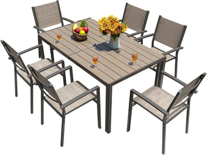 Juego de comedor para patio de 7 piezas, muebles de exterior con mesa grande y 6 sillas de textilene para porche, color marrón