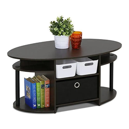 Table basse ovale avec étagères et poubelle intégrées Design simple Bois composite de qualité E1 Convient à toutes les pièces et à tous les budgets Couleur noyer Facile