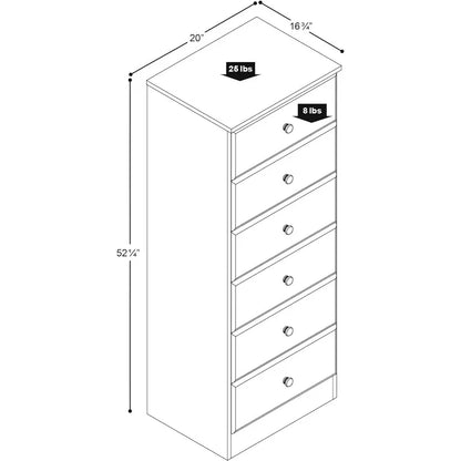 Astrid Tall White Dresser: 16"D x 20"W x 52"H, 6-Drawer Chest for Bedroom by Prepac - Perfect Chest of Drawers for Ample