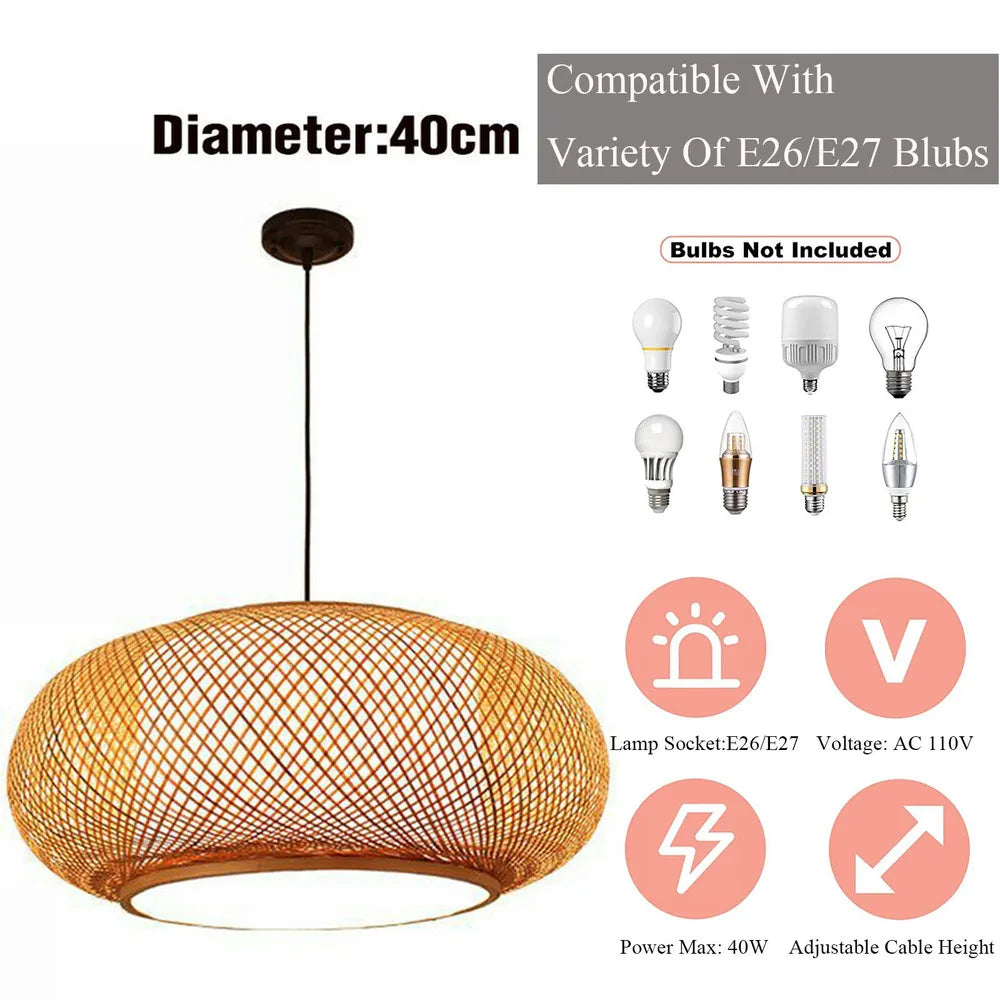 Bymaocar Ceiling Hanging Lamp Bamboo Wicker Vintage Rattan Lantern Downlight Pendant Light Fixture E26/E27 Adjustable Length 1m