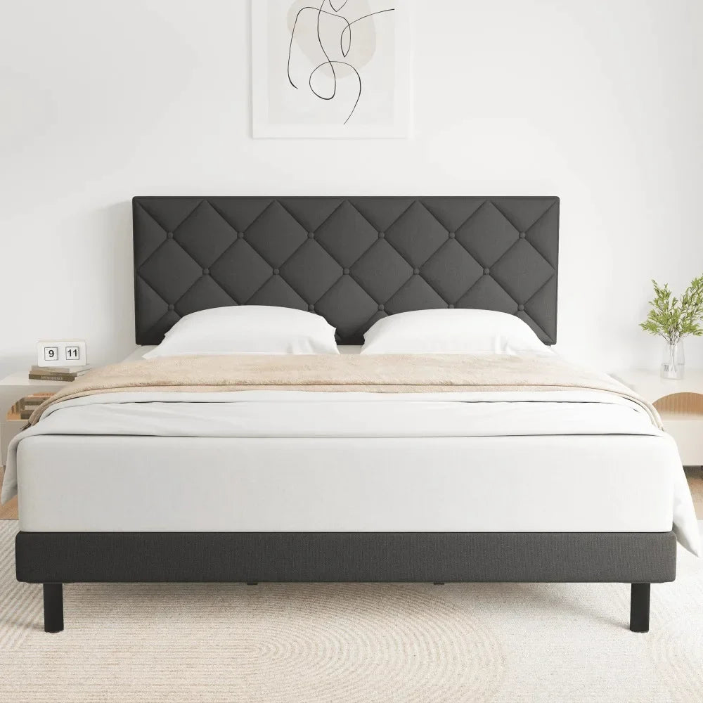 Cama Queen Size, Estructura de cama Queen Size con cabecera tapizada en tela, Gris oscuro, Fácil montaje